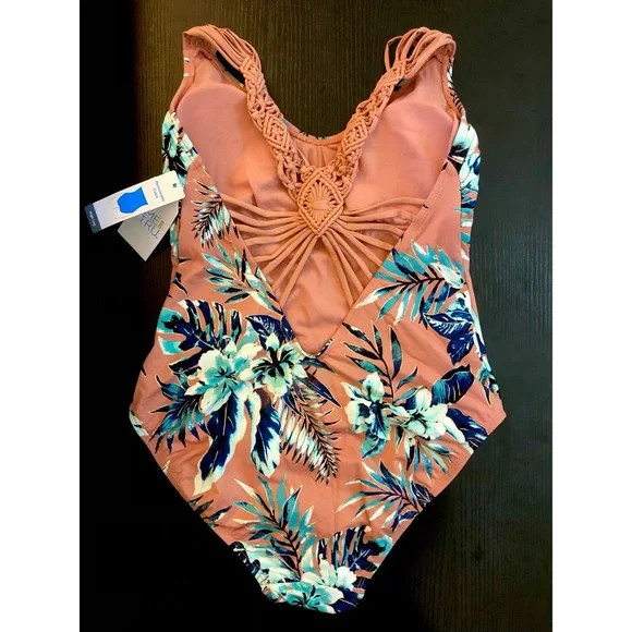 Tropical Floral One Piece Swimsuit / Bathing suit with Macramé Back Medium. - Picture 2 of 7